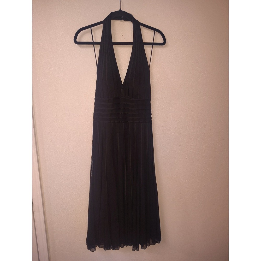 Cache Black Halter Neck Pleated Mesh‎ Midi Cocktail Dress Womens Size 10 V-Neck